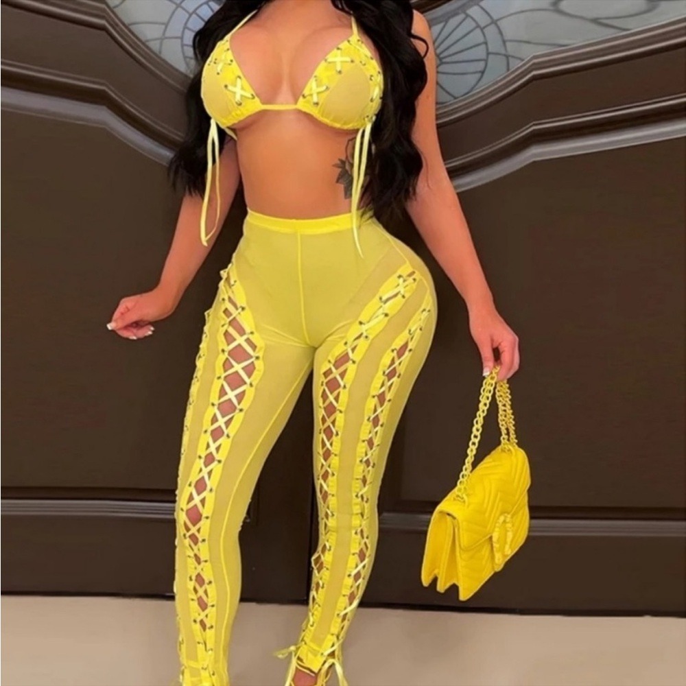 Yellow Lace-Up 2 Piece Set XL Pants Triangle Bikini Top Sexy Mesh Sheer Y2K Club